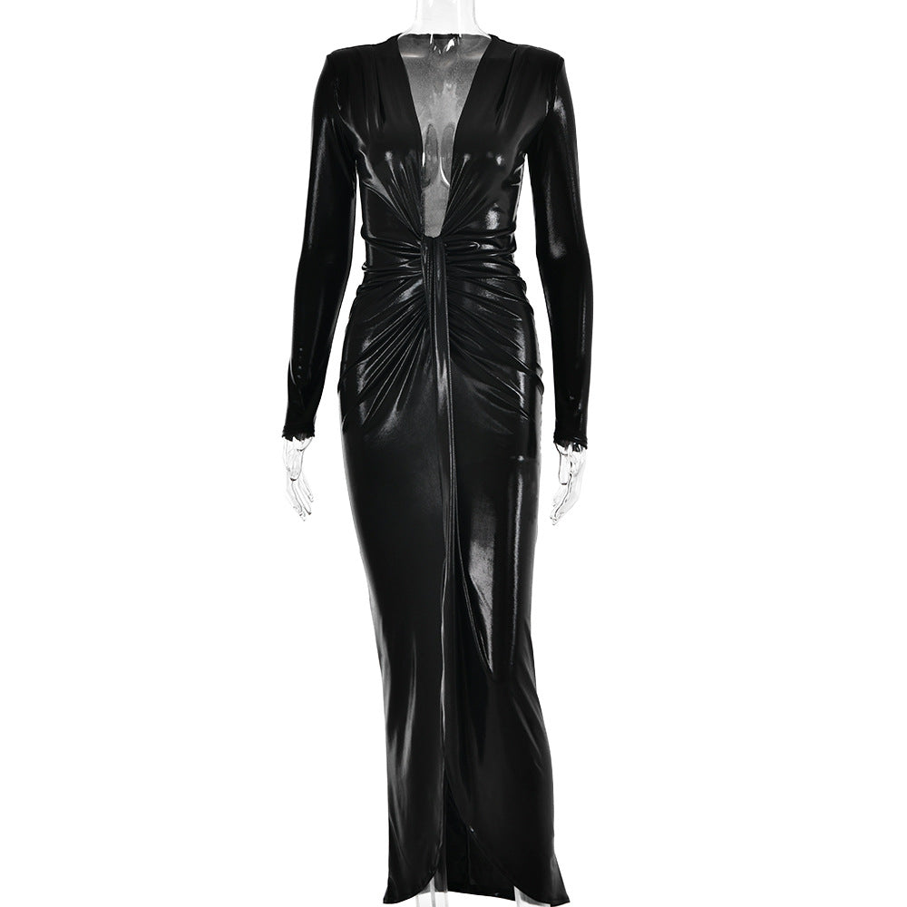 Coated Fabrics Metallic Dress Sexy Glossy V neck Long Sleeve Stitching