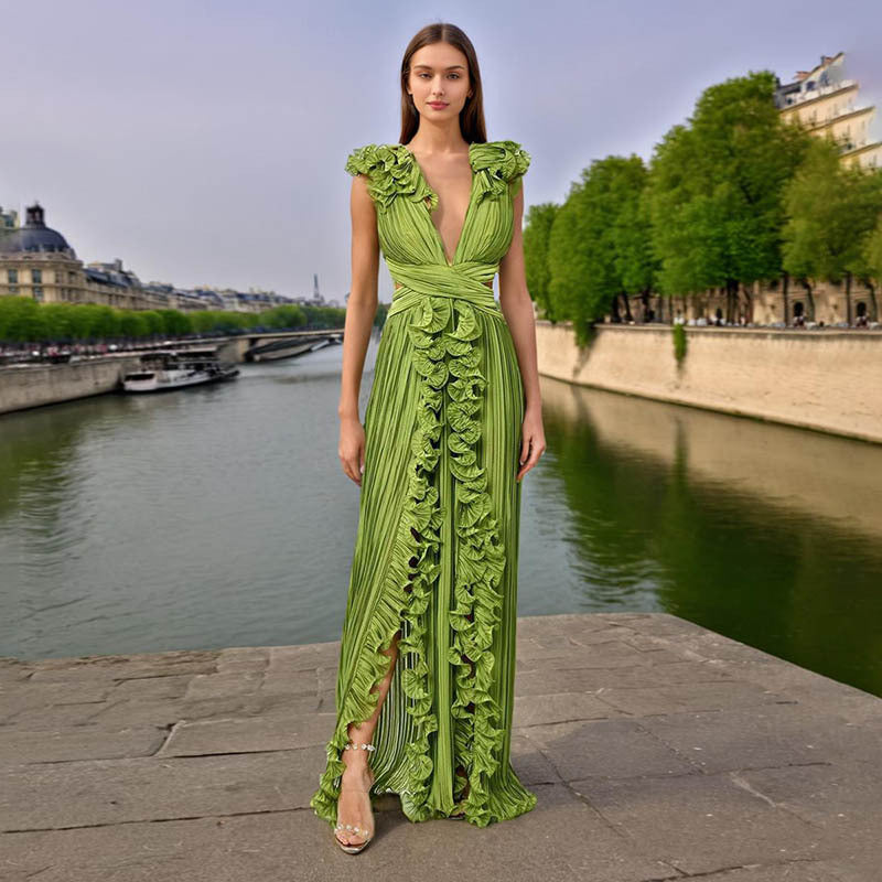 Women Dress French Cocktail Dress Summer V Neck Pleated Ruffled A Line