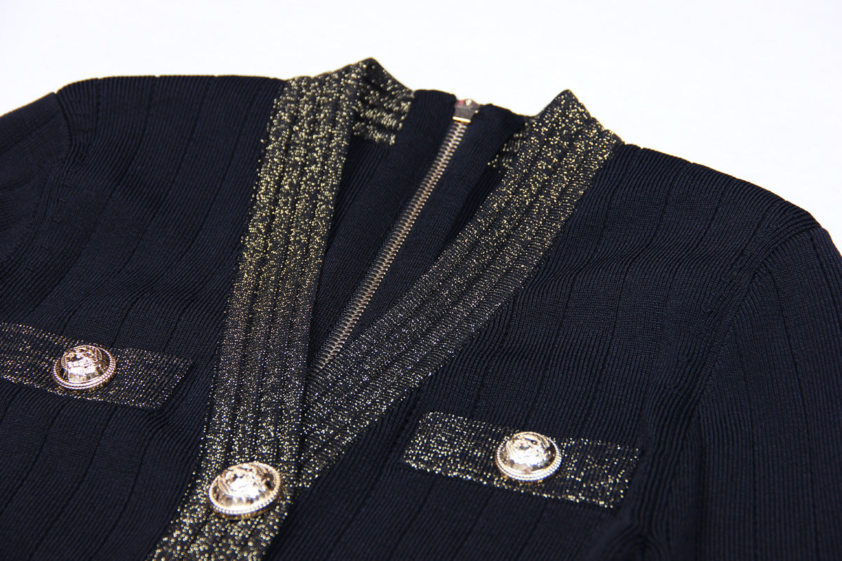 Spring Autumn Women Clothing Gold Silk Stitching High Quality Long Sleeve Waist Trimming Knitted Dress
