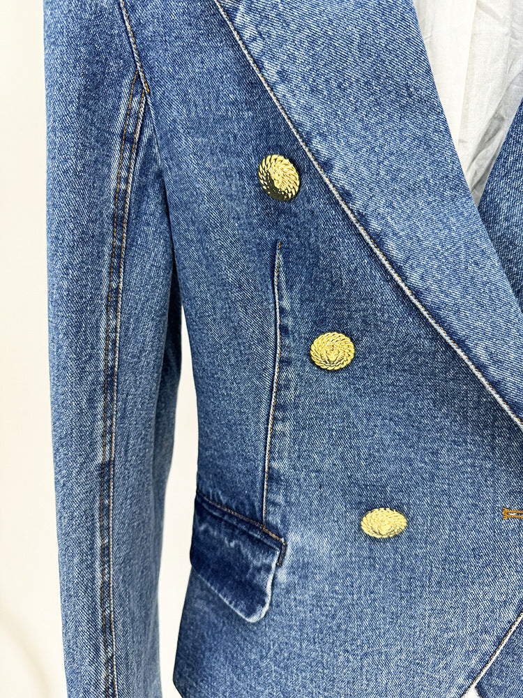 Blazer Skirt Sets Socialite Slim Double Breasted Washed Denim Blazer