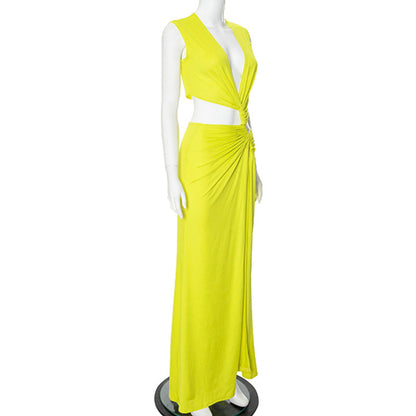 Sexy Maxi Dress Women Summer Solid Color Sexy Deep V Plunge Hollow Out