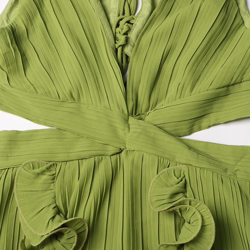Women Dress French Cocktail Dress Summer V Neck Pleated Ruffled A Line