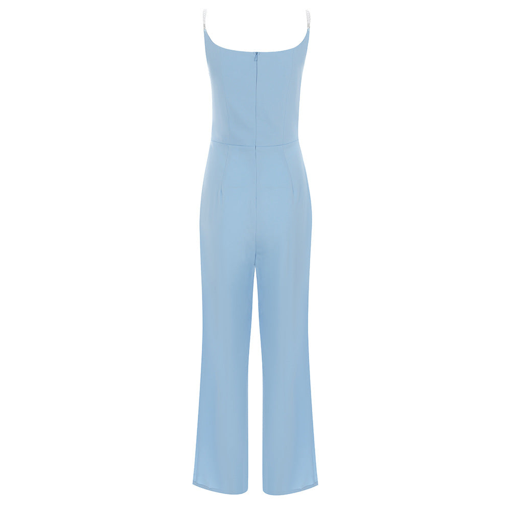 Dress Retro Sexy Sling Backless Pleated Slim Wide Leg One  Piece Long
