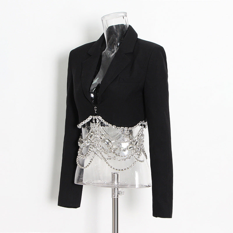 black short Skirt Set Autumn Rhinestone Chain Stitching Slim Skirt