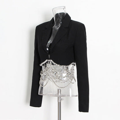 black short Skirt Set Autumn Rhinestone Chain Stitching Slim Skirt