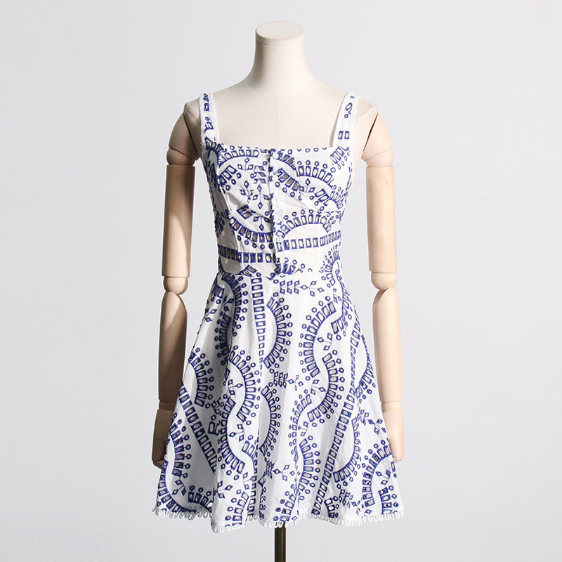 Embroidered Lace Summer Sweet Fresh Solid Color Strap Hollow Out Cutou