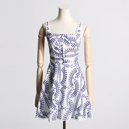 Embroidered Lace Summer Sweet Fresh Solid Color Strap Hollow Out Cutou