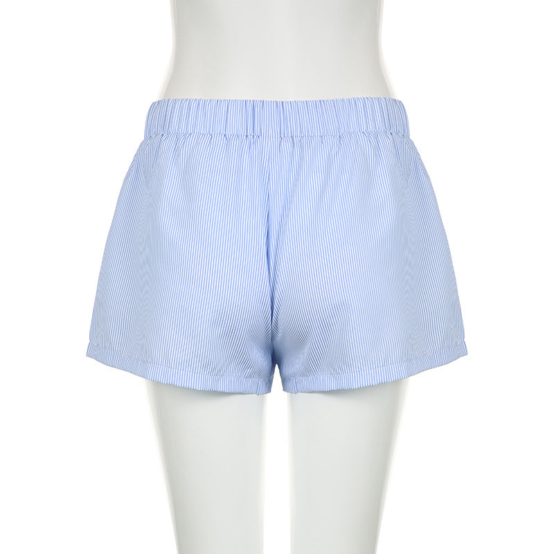Beach Shorts Simple Blue Striped Women Loose Elastic Waist Sports Pant