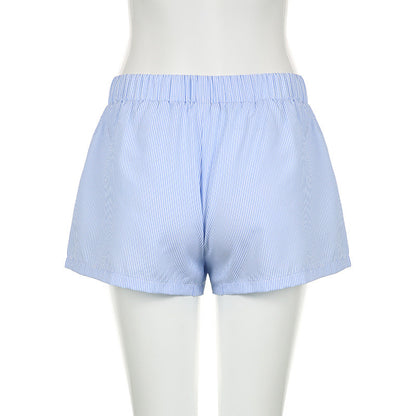 Beach Shorts Simple Blue Striped Women Loose Elastic Waist Sports Pant