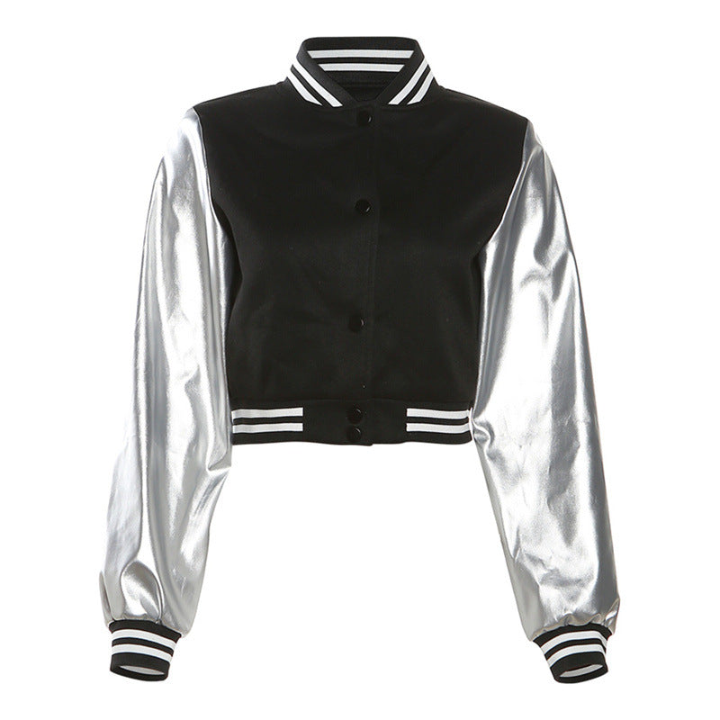 Coated Fabric jacket Women Clothing Embroidery Stitching Metallic hood