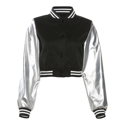 Coated Fabric jacket Women Clothing Embroidery Stitching Metallic hood