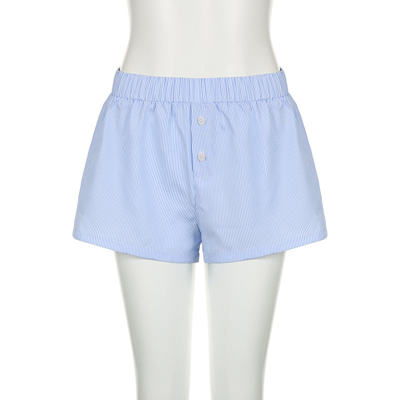 Beach Shorts Simple Blue Striped Women Loose Elastic Waist Sports Pant