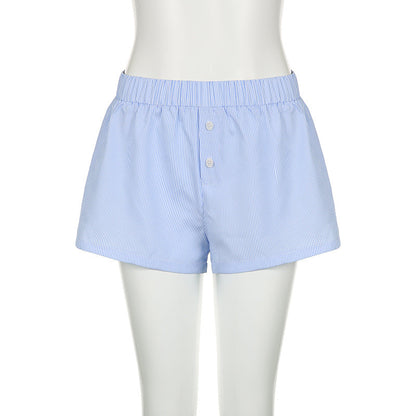 Beach Shorts Simple Blue Striped Women Loose Elastic Waist Sports Pant