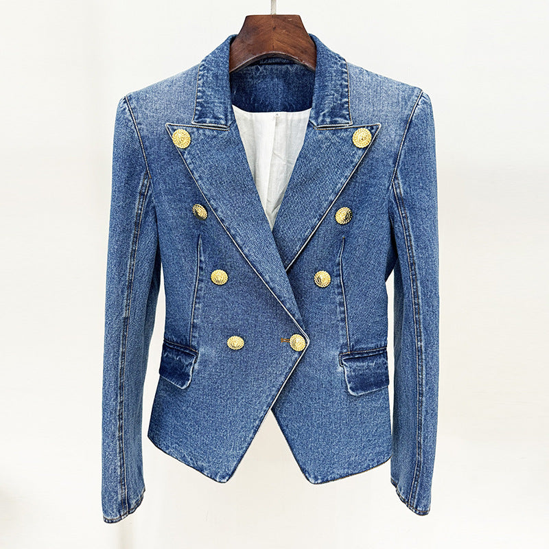 Blazer Skirt Sets Socialite Slim Double Breasted Washed Denim Blazer
