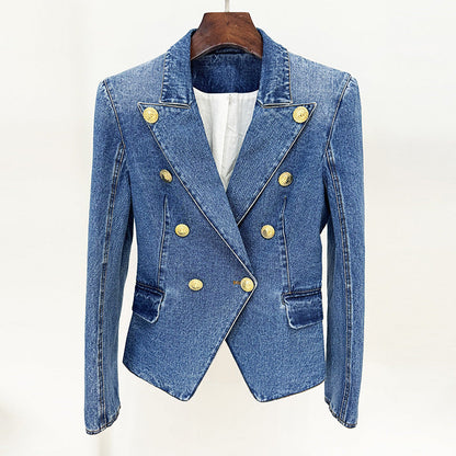 Blazer Skirt Sets Socialite Slim Double Breasted Washed Denim Blazer