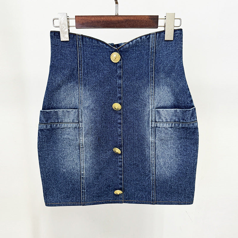 Blazer Skirt Sets Socialite Slim Double Breasted Washed Denim Blazer