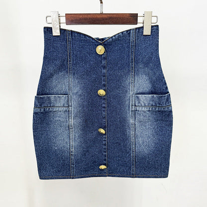 Blazer Skirt Sets Socialite Slim Double Breasted Washed Denim Blazer