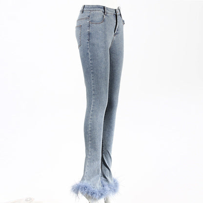 Bottom Pants Design Trousers Jeans Chic Stitching Ostrich Bell Trendy.