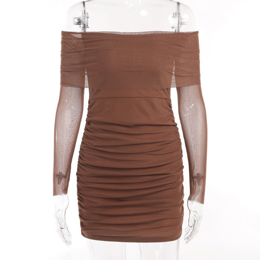 Off The Shoulder Long Sleeve Top Pleated Dress Women Summer