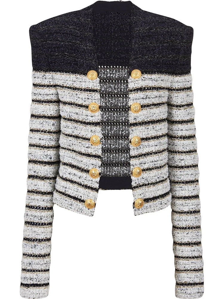 winter knitted coat Autumn Winter  Lion Button Striped Color Cardigan