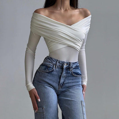 Off Shoulder Arrival Sexy V neck Stitching Long Sleeve Solid Color Top