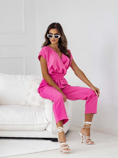 Women Clothing Solid Color Office V neck Short Sleeved Jumpsuit Women.