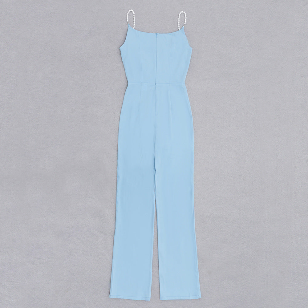 Dress Retro Sexy Sling Backless Pleated Slim Wide Leg One  Piece Long