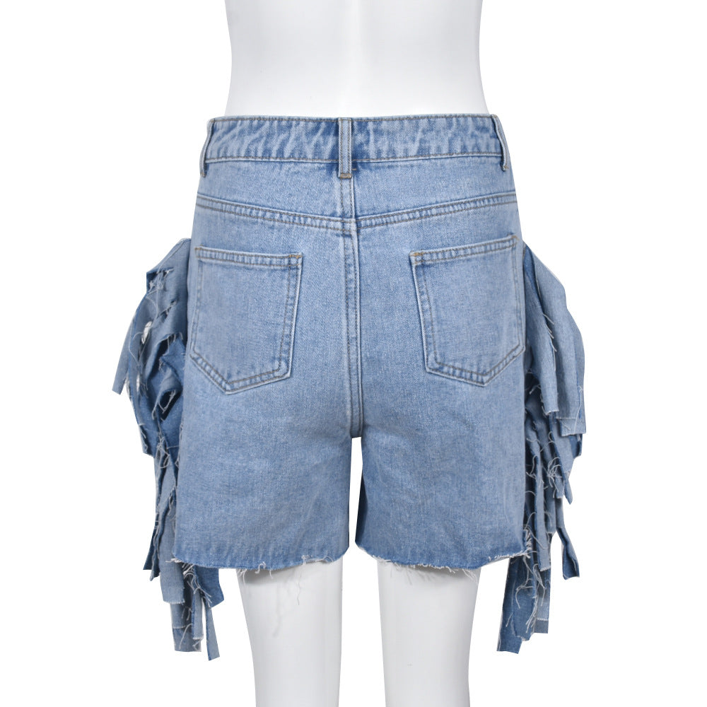 Women Clothing High Waist Ripped Washed Personalized Hole Tassel Short