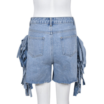 Women Clothing High Waist Ripped Washed Personalized Hole Tassel Short