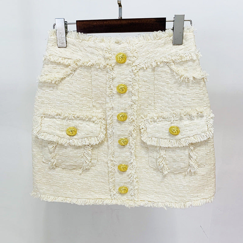 Star Lion Buckle Tweed Tassel Short Vest Top Skirt