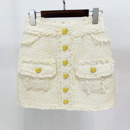 Star Lion Buckle Tweed Tassel Short Vest Top Skirt