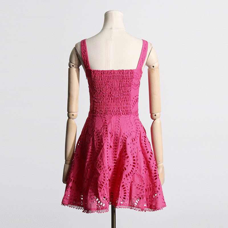 Embroidered Lace Summer Sweet Fresh Solid Color Strap Hollow Out Cutou