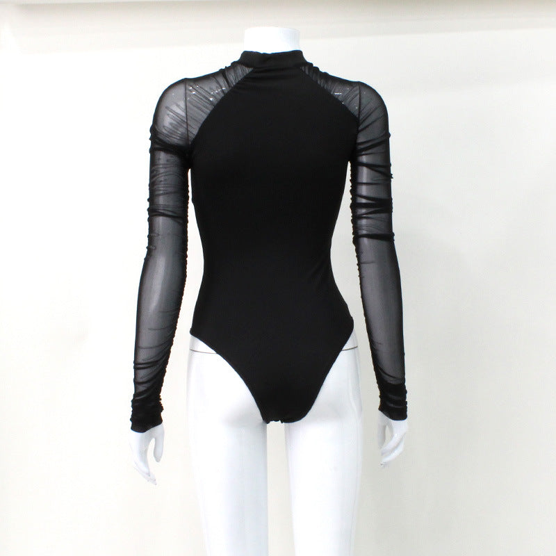 Mesh Jumpsuit Fall Women Clothing round Neck Stitching Long Sleeves