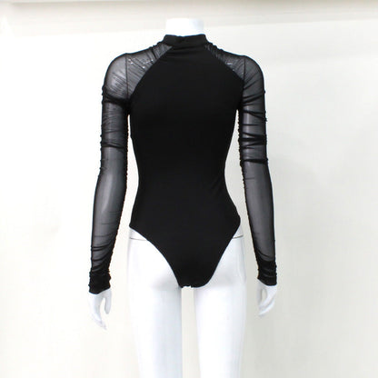 Mesh Jumpsuit Fall Women Clothing round Neck Stitching Long Sleeves