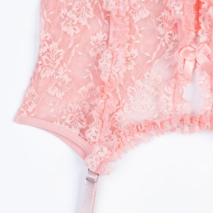 See through Sexy Lingerie Set Pink Lace Pleated Lace Hollow Out Cutout