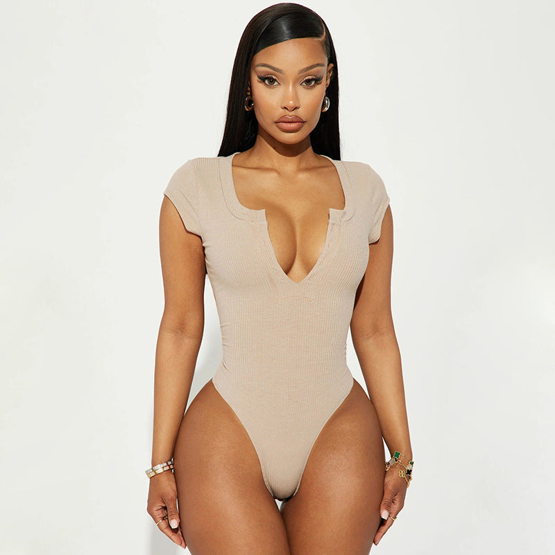 V-Neck Jumpsuit Women Clothing V neck Sexy Tight Short Sleeved T shirt