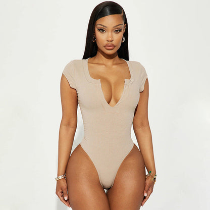 V-Neck Jumpsuit Women Clothing V neck Sexy Tight Short Sleeved T shirt