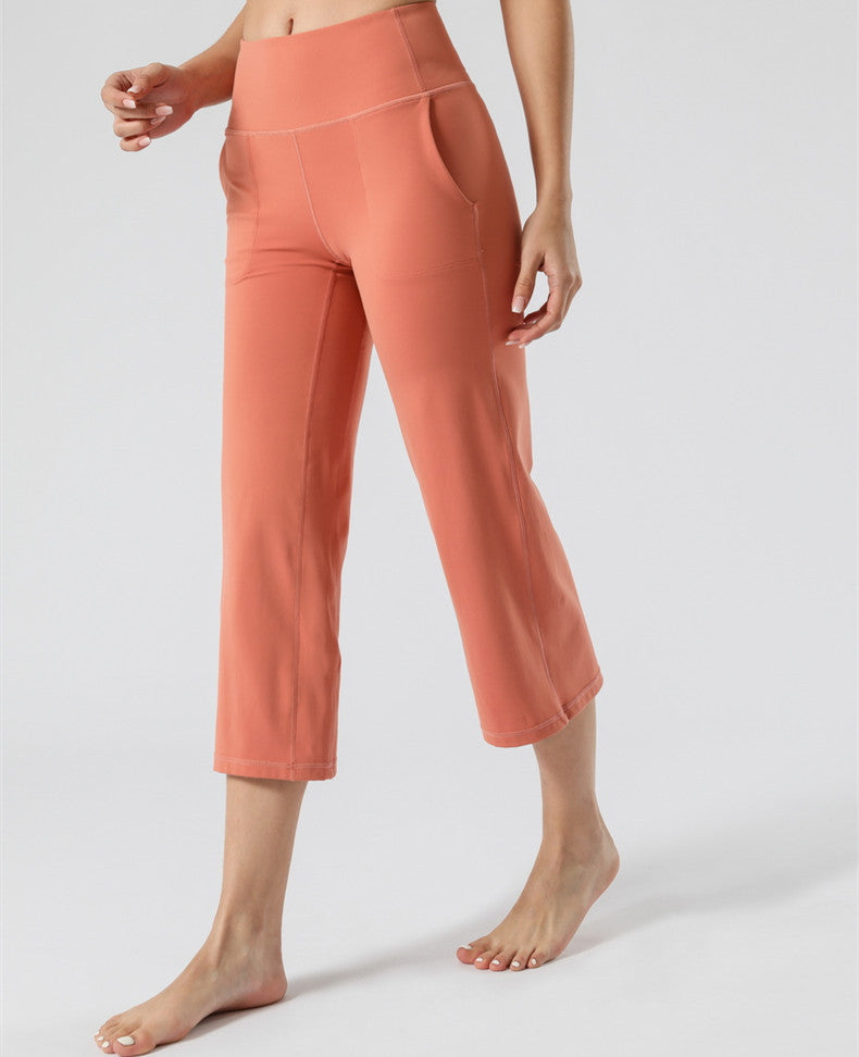 Summer High Waist Yoga Pants Women Pocket Fitness Straight Capri Pants