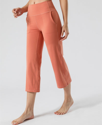 Summer High Waist Yoga Pants Women Pocket Fitness Straight Capri Pants