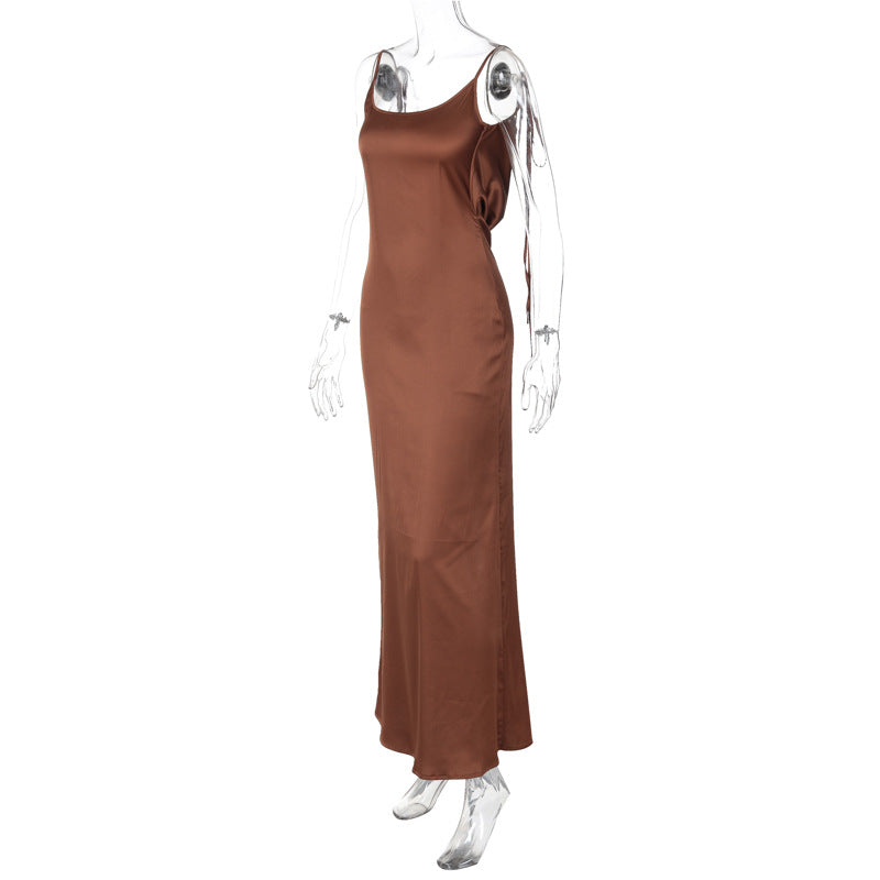 Women Clothing Dress Summer Sexy Backless Slited Solid Color Tied gown