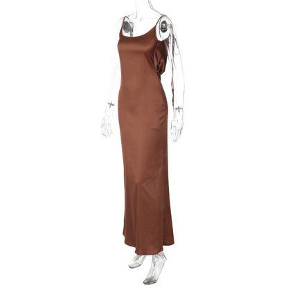 Women Clothing Dress Summer Sexy Backless Slited Solid Color Tied gown