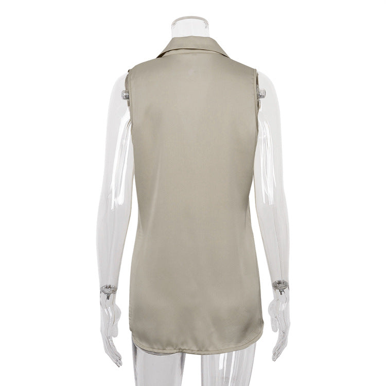 Women Clothing Sleeveless Satin Shirt Mid-Length Top Women Collared Drape Camisole Shirt