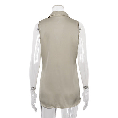 Women Clothing Sleeveless Satin Shirt Mid-Length Top Women Collared Drape Camisole Shirt