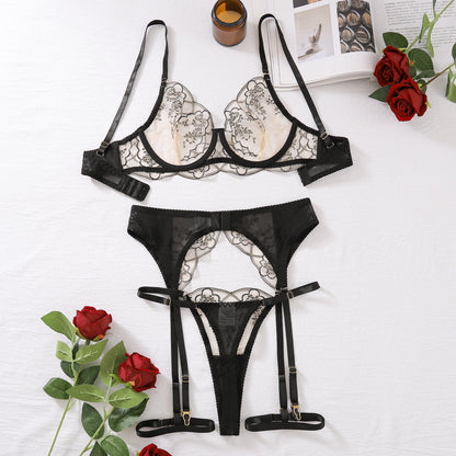Sexy lace lingerie Summer Steel Ring Push up Bra Mesh Four Piece Set