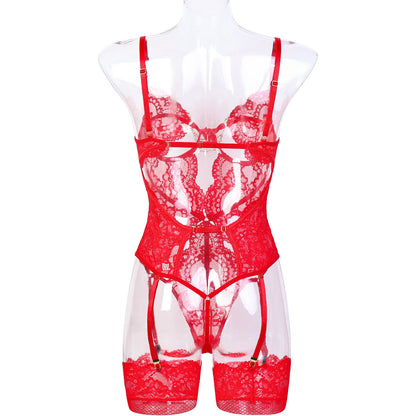 Red Lace Women Clothing Plunge Metal Chain Hollow Cutout Sexy Bustier.