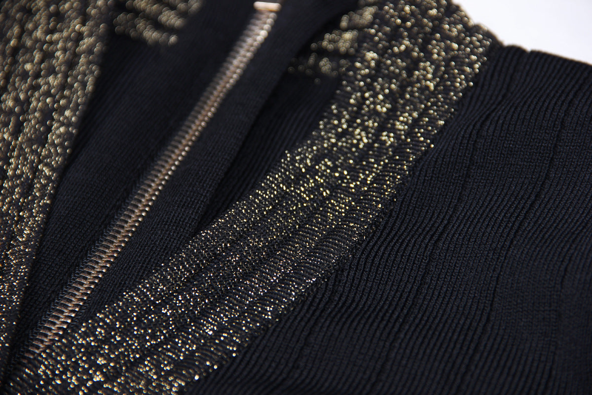 Spring Autumn Women Clothing Gold Silk Stitching High Quality Long Sleeve Waist Trimming Knitted Dress