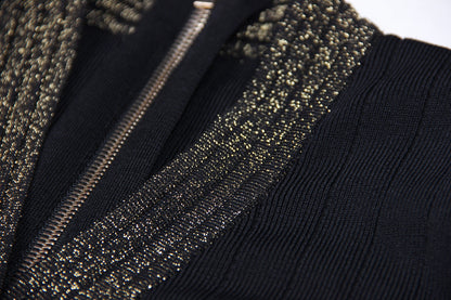 Spring Autumn Women Clothing Gold Silk Stitching High Quality Long Sleeve Waist Trimming Knitted Dress