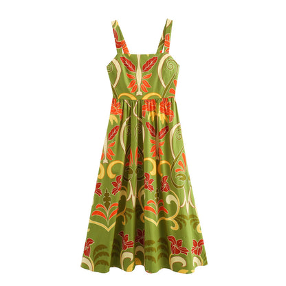 Printed Lace up Woman Summer Midi Dress Sling Dress - XS / Multi color