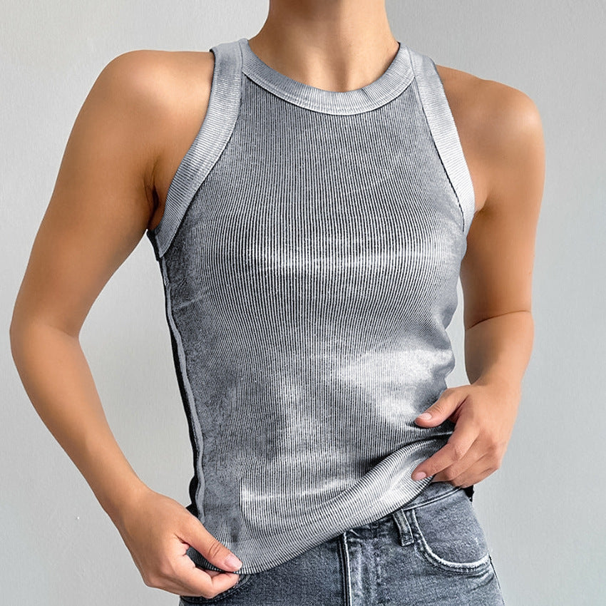 Fashionable Knitted Sunken Stripe Summer round Neck Camisole Vest Sexy Hollow