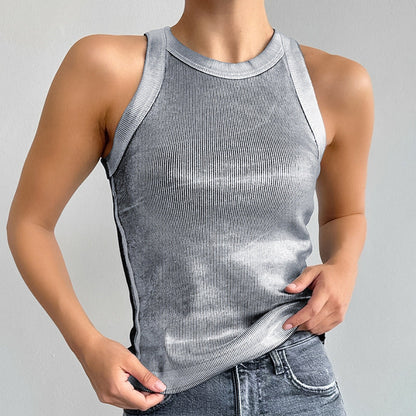 Fashionable Knitted Sunken Stripe Summer round Neck Camisole Vest Sexy Hollow